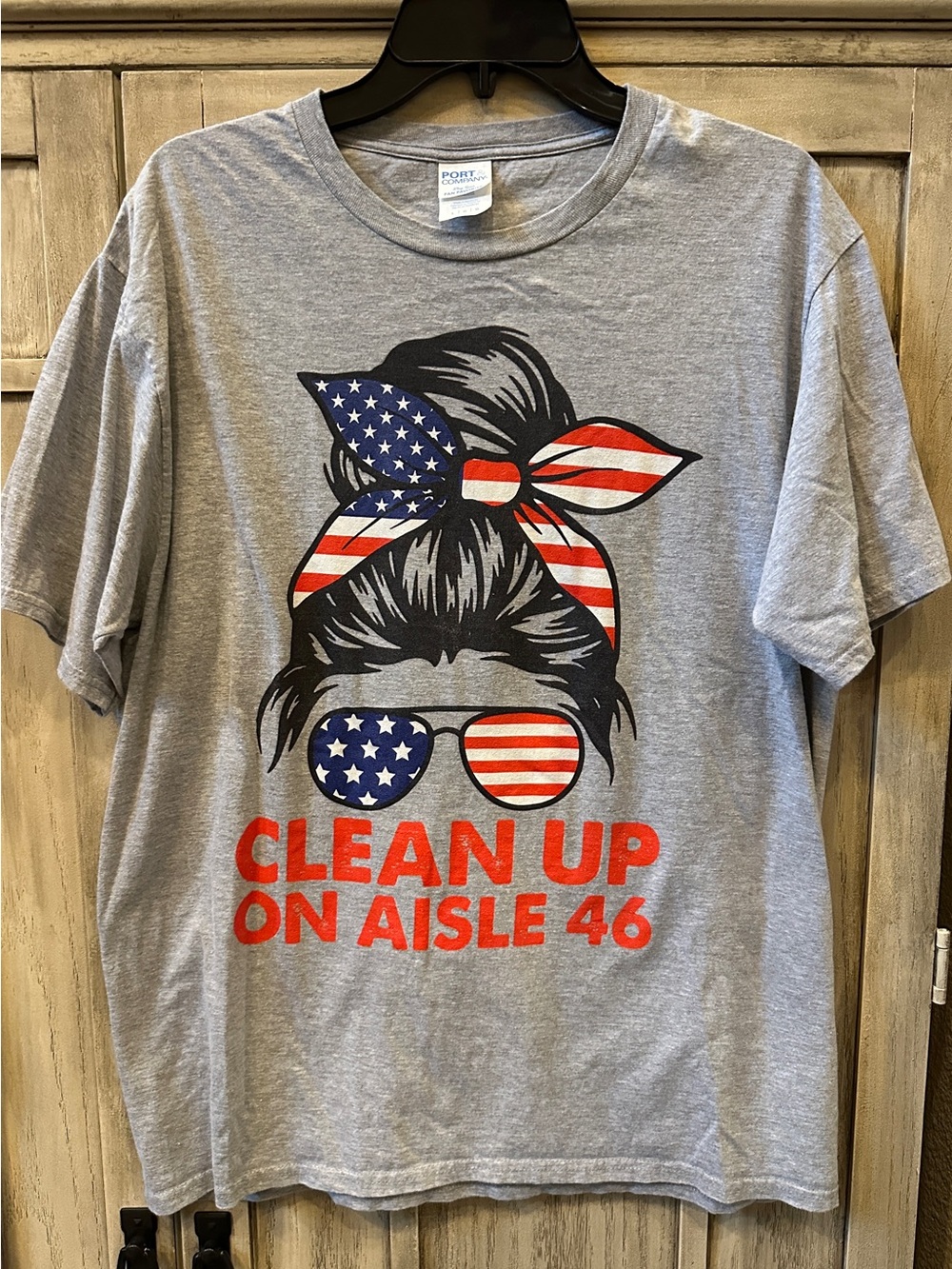 Port and Company Grey Graphic Tee with Patriotic Bandana and Sunglasses